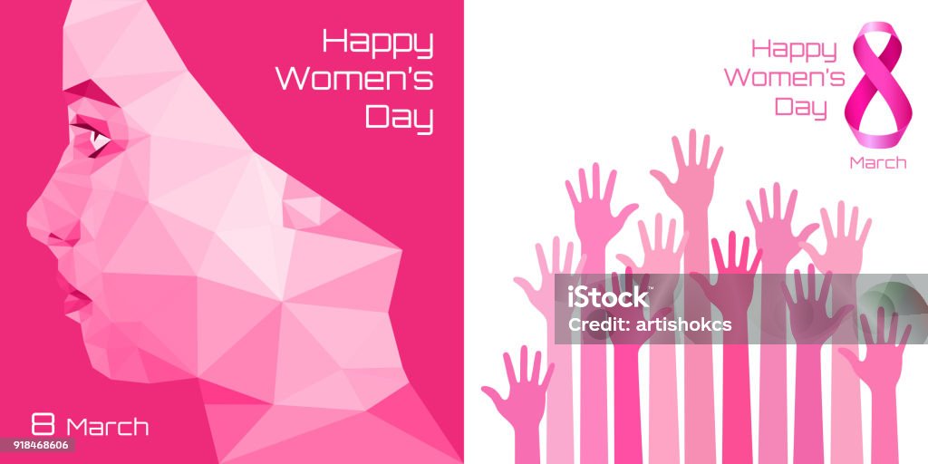Happy International Womens Day Greeting Card Design. Pink hands background for 8 March Day. Womens Day Greeting Card Design. Typographic Composition for 8 March Day. Profile of Modern Girl. Geometric triangular. Pink hands background. Women's Day vector Illustration. International Womens Day stock vector