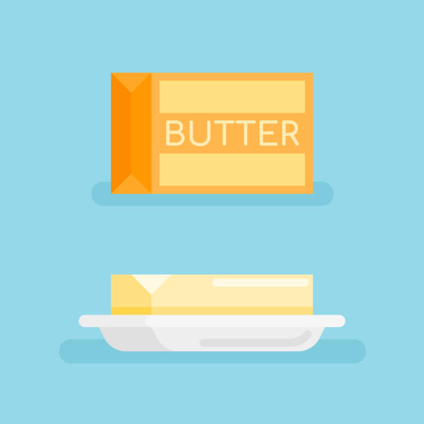 ilustraciones, imágenes clip art, dibujos animados e iconos de stock de paquete de mantequilla y la mantequilla en icono de estilo plano del platillo. - butter