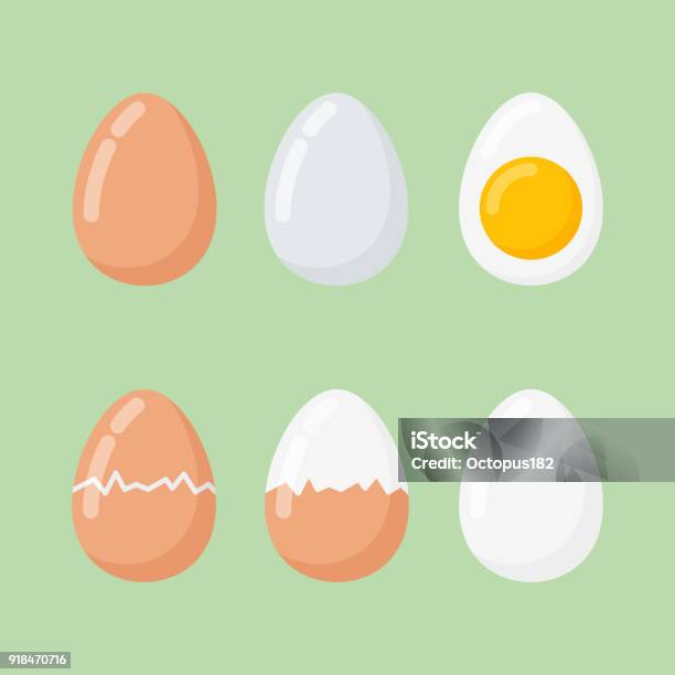 Set Of Raw And Boiled Eggs Isolated On Green Background Stock Illustration - Download Image Now