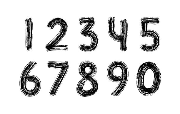 Digits set hand drawn with dry brush. Numbers. Rough strokes modern calligraphy text style. Vector. Black and white Digits set hand drawn with dry brush. Numbers s. Rough strokes modern calligraphy text style. Grunge lettering design elements for banner, shirt, label, badge, card or poster. Vector illustration. one two three four five six seven eight and nine stock illustrations
