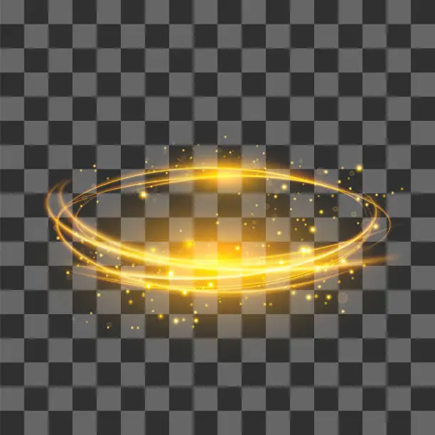 Vector illustration of Transparent Light Effect . Yellow Lightning Flafe. Gold Glowing Stars. Ellipse with Circular Lens. Fire Ring Trace