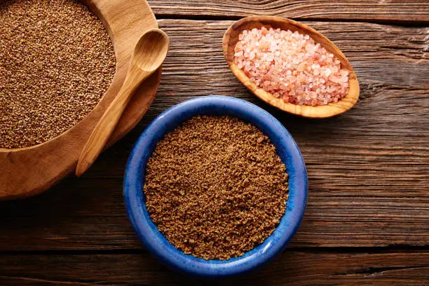 Sesame seeds gomasio seasoning ingredients with Himalayas salt