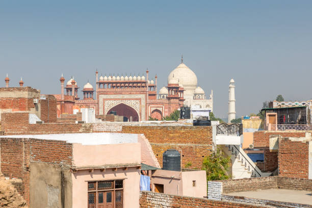 Taj Mahal as seen from roof top in Agra city, Agra, Uttar Pradesh, India stock photo