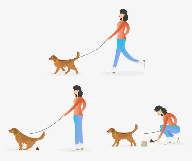 Vector illustration of A woman cleaning after dog illustration.