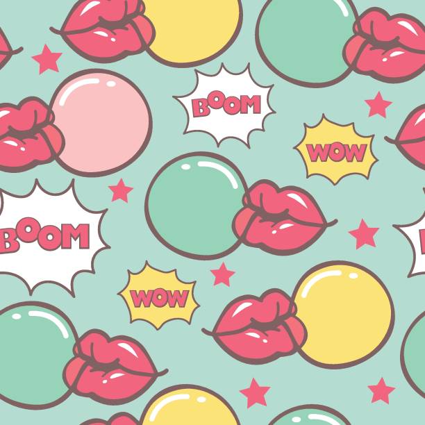blue pop art seamless vector pattern with lips blowing bubblegum