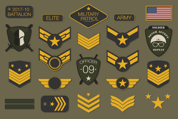 ilustraciones, imágenes clip art, dibujos animados e iconos de stock de insignias militares y ejército parches tipografía. diseño chevron y pin militar bordado gráfico t-shirt - patchwork