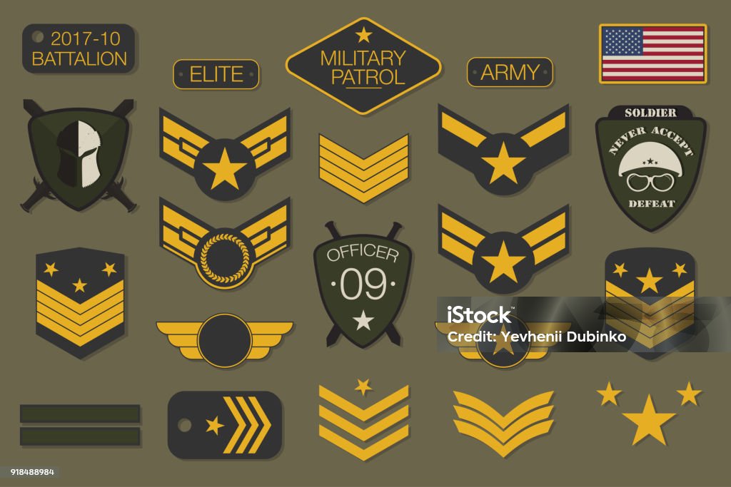 Military badges and army patches typography. Military embroidery chevron and pin design for t-shirt graphic Military badges and army patches typography. Military embroidery chevron and pin design for t-shirt graphic. Vector Army stock vector