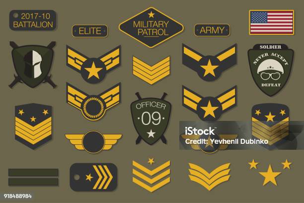 Military Badges And Army Patches Typography Military Embroidery Chevron And Pin Design For Tshirt Graphic Stock Illustration - Download Image Now