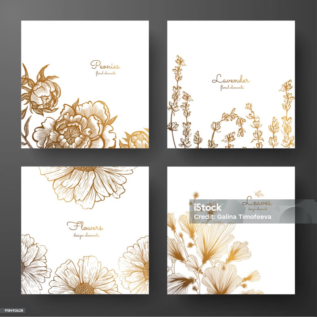 Gold collection of cards design with peonies, lavender, chamomile and leaves of ginkgo biloba. Template frame for birthday and greeting card, wedding invitation, flyer, package design. Flower stock vector