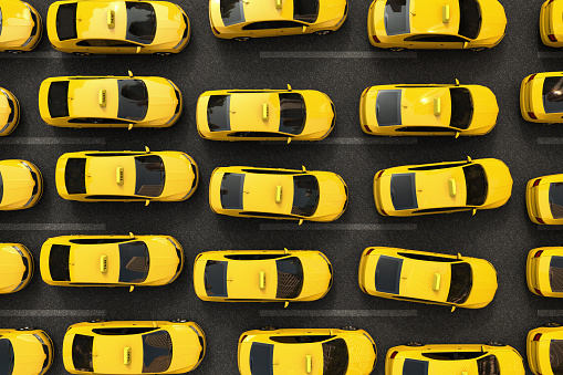 3D rendering of a traffic jam of yellow taxis