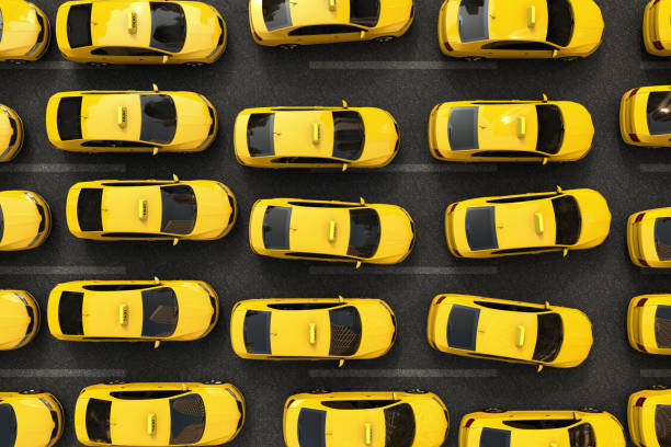 traffic jam of yellow taxis 3D rendering of a traffic jam of yellow taxis repetition stock pictures, royalty-free photos & images