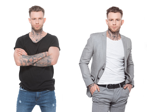 collage with stylish tattooed man and businesswoman, isolated on white