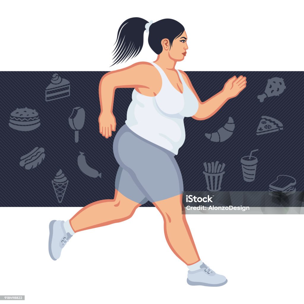 Fat woman jogging Obese young woman running Jogging stock vector