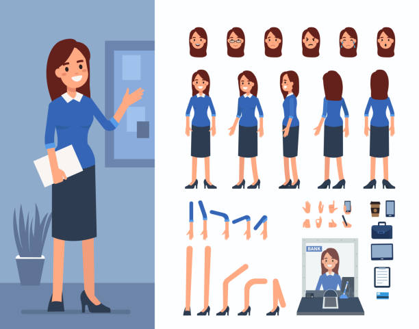 bank cashier Bank cashier woman character constructor and office objects for animation scene.  Set of various women's poses, faces, mouth, hands, legs. Flat style vector illustration isolated on white background. females illustrations stock illustrations