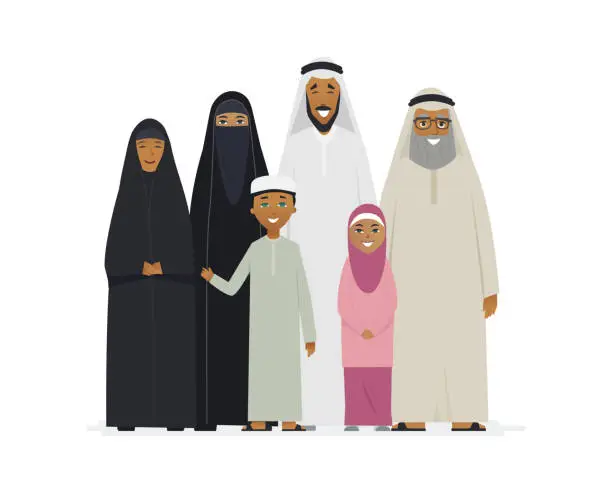 Vector illustration of Big Muslim family - cartoon people characters isolated illustration