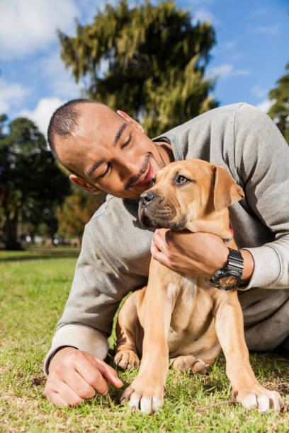 istock Young man laying on the grass while cuddling his puppy at the park. 918504964