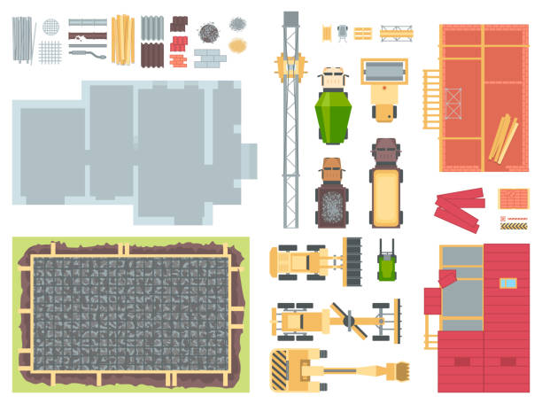Construction elements - set of modern vector objects Construction elements - set of modern vector objects isolated on white background for creating your own images. Top view position of buildings, vehicles, foundation, equipment and materials building elevation stock illustrations