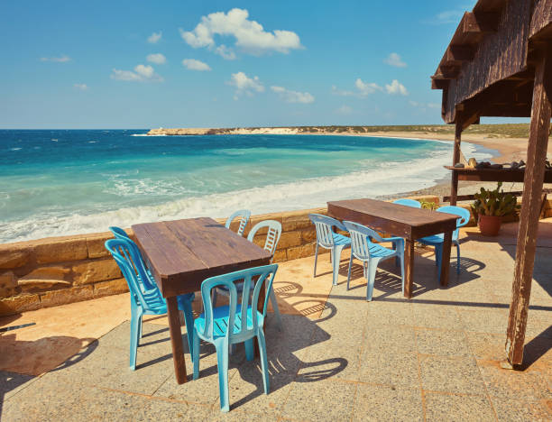 Tables and chairs in a cafe with palm trees on the beach Lara, Cyprus
