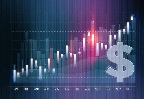 American dollar sign over a blue financial chart. Selective focus. Horizontal composition with copy space.