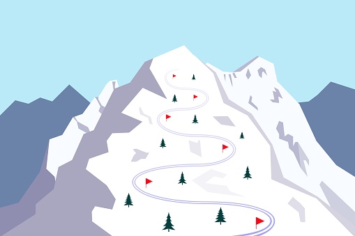 Snow covered mountain with ski track. Skiing trace marked with red flags. Vector illustration.