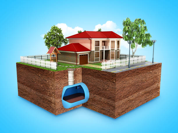 istock concept of Sewerage in a private house 3d render on blue 918508868