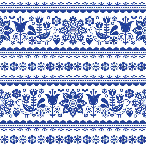 Scandinavian seamless vector pattern with flowers and birds, Nordic folk art repetitive navy blue ornament Retro floral background inspired by Swedish and Norwegian traditional embroidery scandinavian stock illustrations