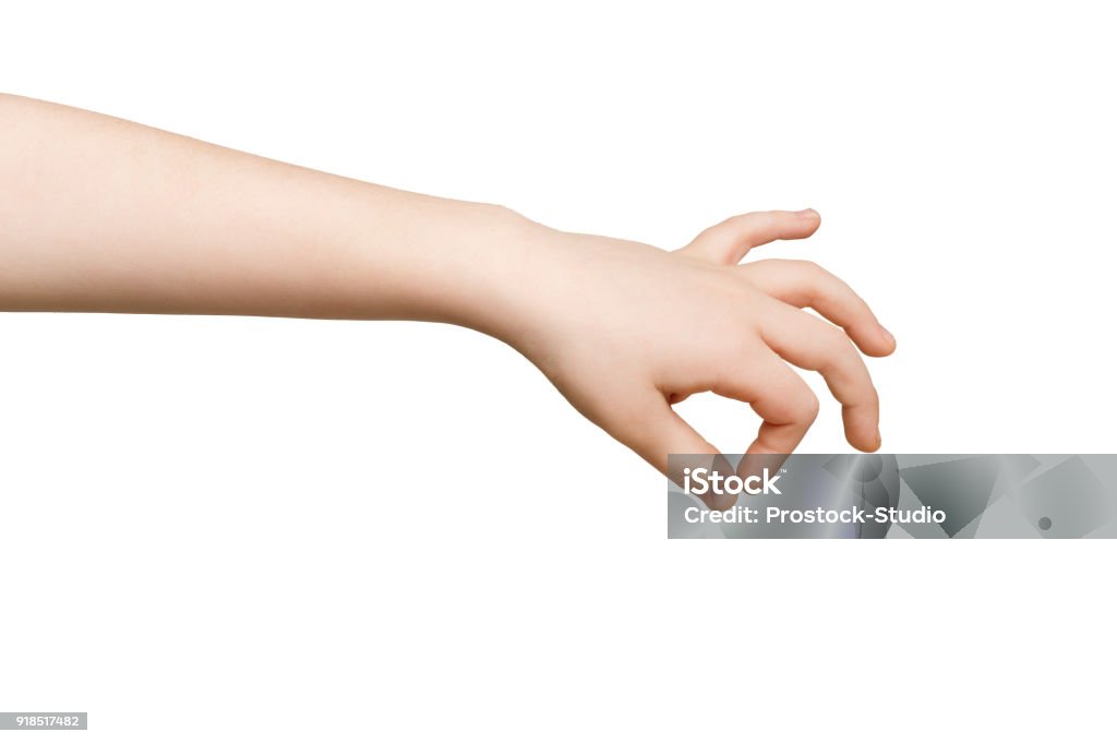 Kid hand making grab some items isolated on white Kid hand making gesture while grab some items isolated on white, close-up, cutout, copy space Child Stock Photo