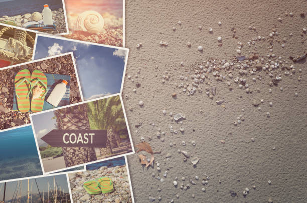 istock Travel photo collage on beach sand background 918521404