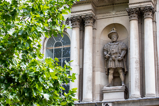 A statue of King Henry VIII located above the Henry VIII Gate at St. Bartholomews Hospital in the City of London.  It is the only statue of Henry VIII on public display in London.