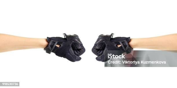 Sport Black Moto Gloves Two Fists In Gloves Isolated On White Background Stock Photo - Download Image Now