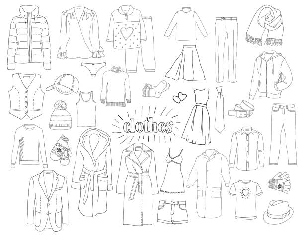 A set of clothes. Sketch. A large set of different types of clothing. Coloring book page. Hand drawn sketch in doodle style. The inscription: clothes. pajamas illustrations stock illustrations