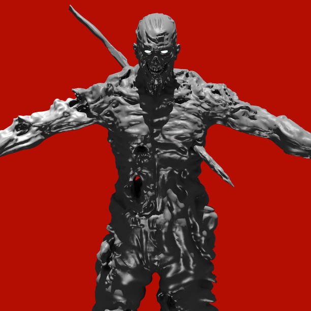 Pierced spooky zombie monster run. 3D illustration in black and red colors. Scary character on red background.