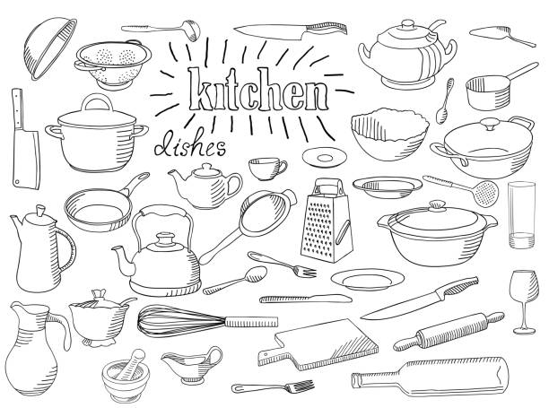 Large set of dishes. Large set of dishes. Coloring book page. Hand drawn sketch in doodle style. The inscription: kitchen. kitchen utensil illustrations stock illustrations