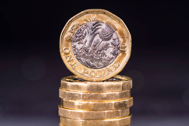 pila di monete di sterlina - british currency pound symbol currency stack foto e immagini stock