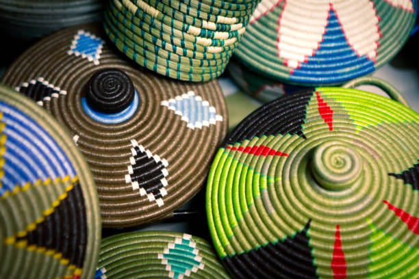 Traditional african handmade baskets Detail of traditional african handmade products for sale on the market rwanda photos stock pictures, royalty-free photos & images