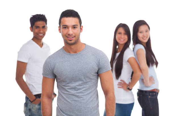istock four smiling casual dressed students isolated on white 918541486