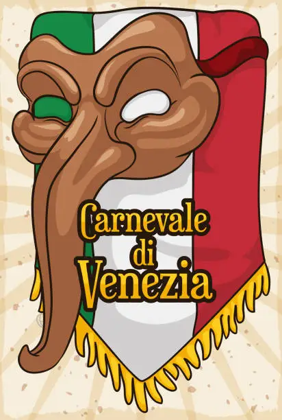 Vector illustration of Traditional Zanni Mask over Italian Flag for Venice Carnival