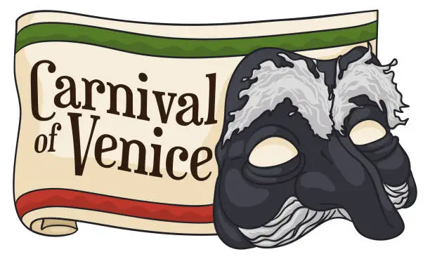 Vector illustration of Pantalone Mask and Greeting Scroll for Venice Carnival