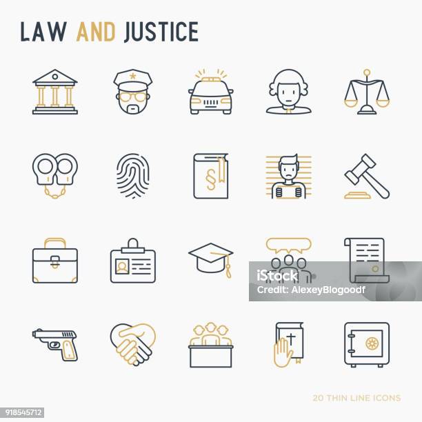 Ilustración de Ley Y Justicia Delgada Línea Set De Iconos Juez Policía Abogado Huellas Dactilares Jurado Acuerdo Testigo Escalas Ilustración De Vector y más Vectores Libres de Derechos de Ícono