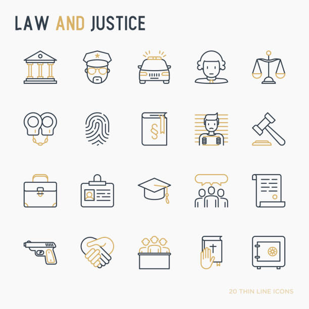 Law and justice thin line icons set: judge, policeman, lawyer, fingerprint, jury, agreement, witness, scales. Vector illustration. Law and justice thin line icons set: judge, policeman, lawyer, fingerprint, jury, agreement, witness, scales. Vector illustration. lawyer icons stock illustrations