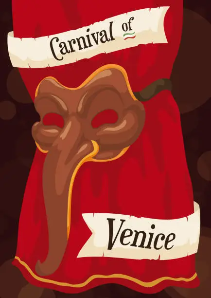 Vector illustration of Zanni Mask over a Theater Curtain for Venice Carnival