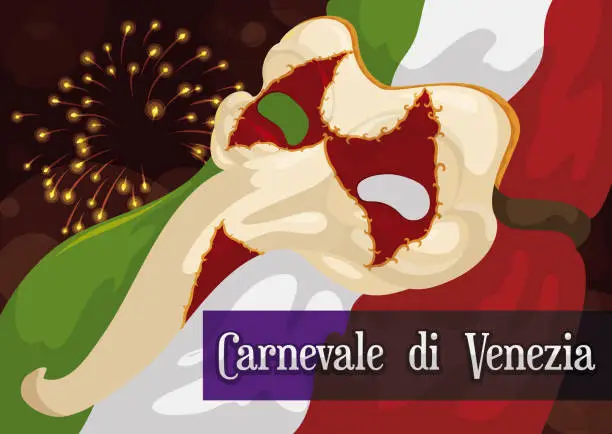 Vector illustration of Italian Night in Venice Carnival with Zanni Mask and Flag