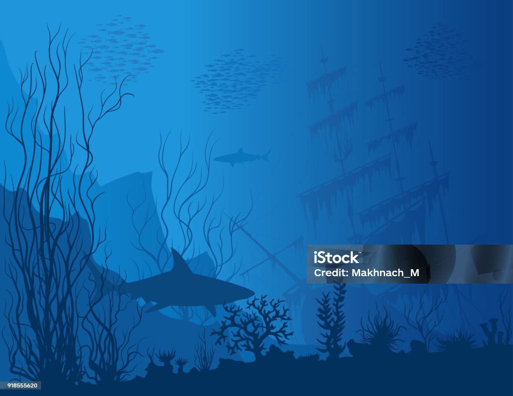 Blue underwater landscape Blue underwater landscape with sunken ship, sharks and see weeds. Vector hand drawn illustration. Sea stock vector