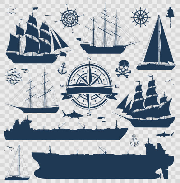ilustrações, clipart, desenhos animados e ícones de conjunto de navios à vela, iates e navios-tanque - sailing ship sailing rudder sailboat