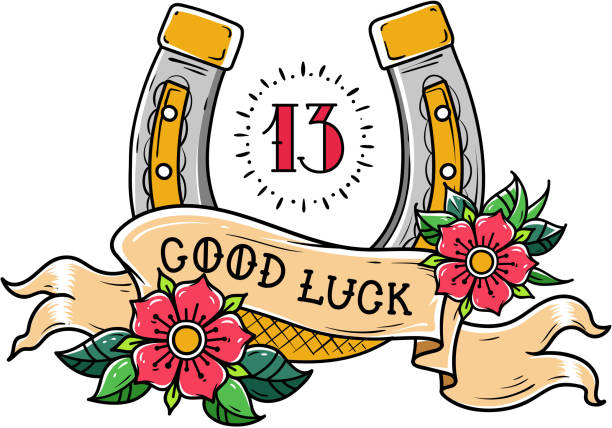 ilustrações de stock, clip art, desenhos animados e ícones de tattoo gold horseshoe with flowers, mystical number 13 and ribbon with lettering good luck. - horseshoe gold luck success