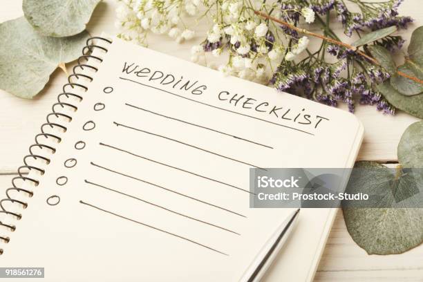 Wedding Checklist And Cute Flowers Stock Photo - Download Image Now - Wedding, Planning, Wedding Ceremony