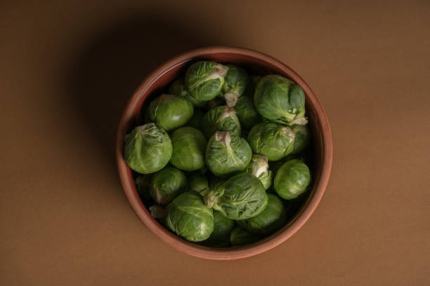 coles de bruselas en placa - brussels sprout raw brown close up fotografías e imágenes de stock