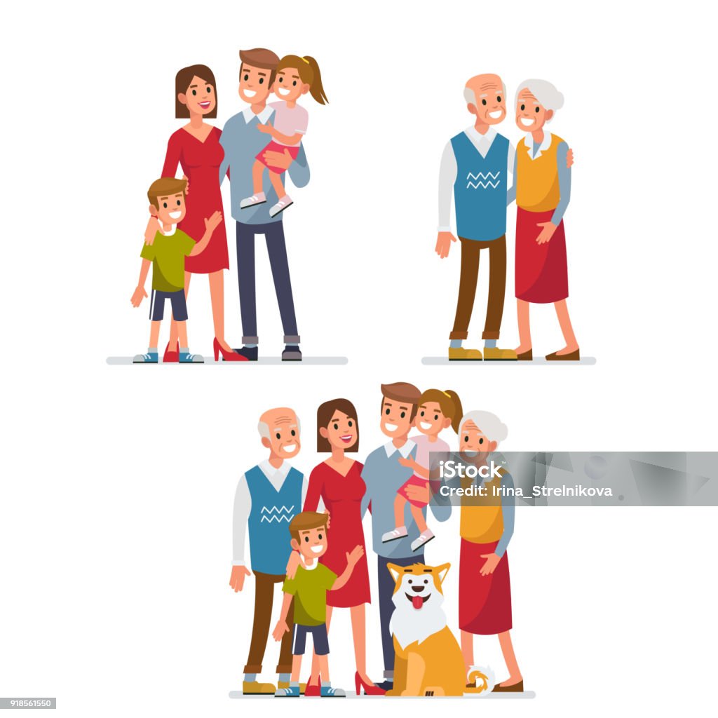 Big family Big family portrait  with children, parents, grandparents and pet. Flat style vector illustration isolated on white background. Family stock vector