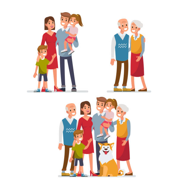 Big family Big family portrait  with children, parents, grandparents and pet. Flat style vector illustration isolated on white background. family happiness stock illustrations