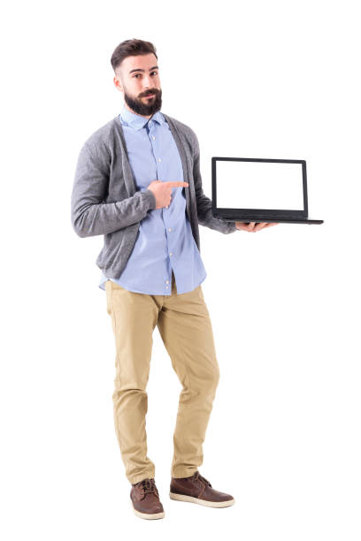 happy friendly stylish man advertising blank white laptop screen. - speech recruitment technology young adult imagens e fotografias de stock
